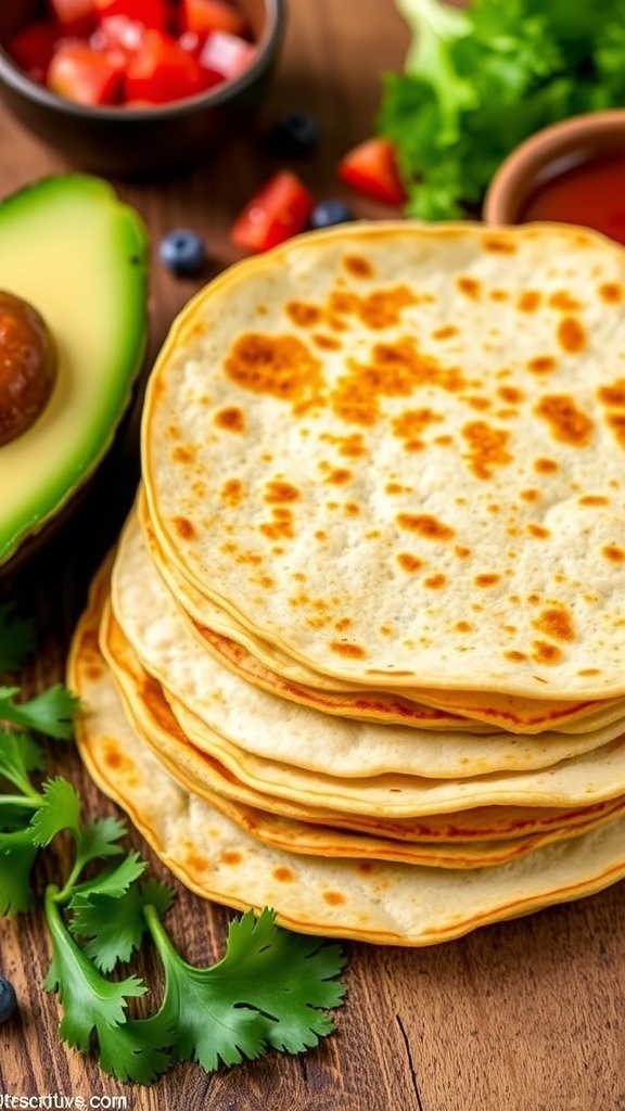 A stack of keto tortillas on a wooden table with fresh ingredients for tacos.